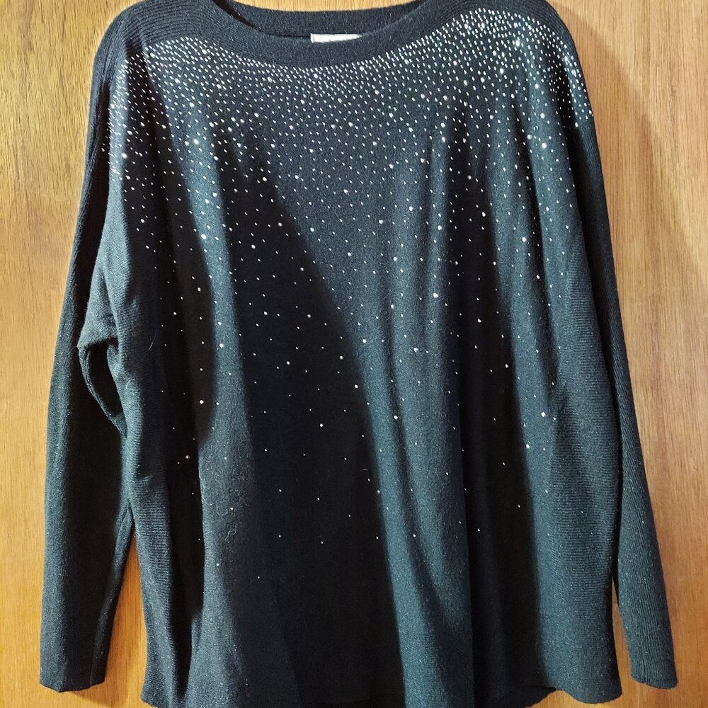 NWT Ediva Black and Crystal Embellished Long Sleeve Boat Neck Sweater One Size